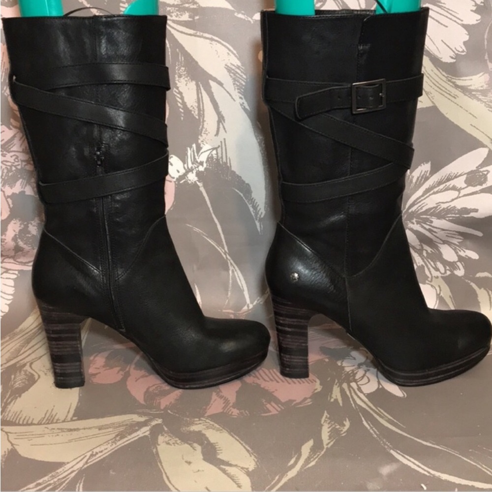 UGG Black Jar-din Mid Calf Boots Black Leather Style 1004150 Size 8 39 EU